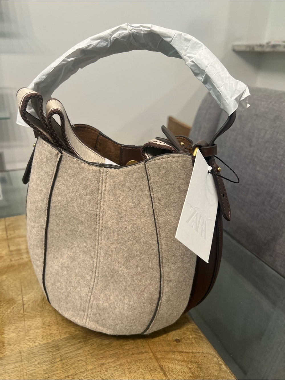 Zara Beige Brown Bucket Bag with Brown Leather Trim purse